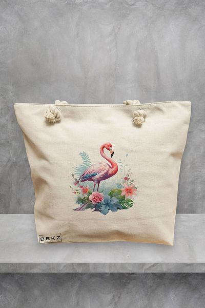 BEKZ Geanta de plaja, model Flamingo 4, 40x51 cm, Crem, BEKZ®