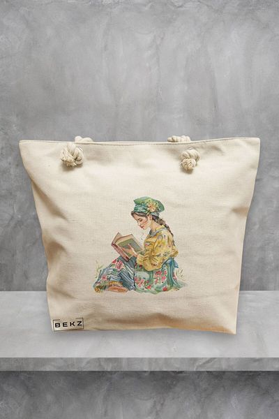 BEKZ Geanta de plaja, model The bookie girl 38, 40x51 cm, Crem, BEKZ®