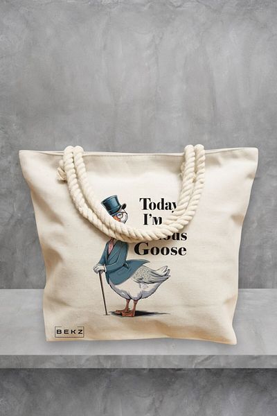 BEKZ Geanta de plaja, model Today I’m a serious goose, 40x51 cm, Crem, BEKZ®