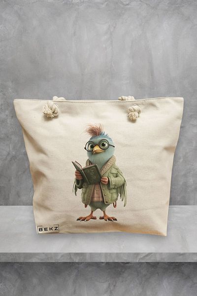 BEKZ Geanta de plaja, model Reading Birdie 2, 40x51 cm, Crem, BEKZ®