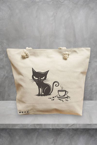 BEKZ Geanta de plaja, model Purrfectly Brewed, 40x51 cm, Crem, BEKZ®