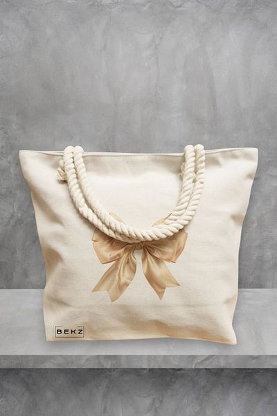 BEKZ Geanta de plaja, model Goldie bow, 40x51 cm, Crem, BEKZ®