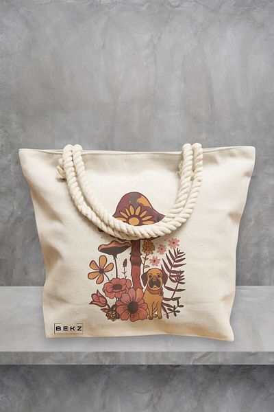 BEKZ Geanta de plaja Colorful Mushrooms 6, 40x51 cm, Crem, BEKZ®