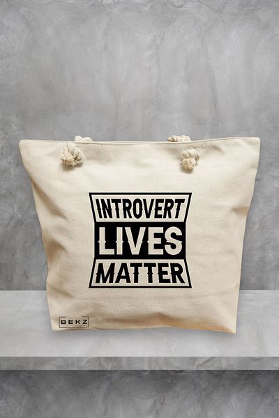 BEKZ Geanta de plaja, model Introvert Lives Matter, 40x51 cm, Crem, BEKZ®