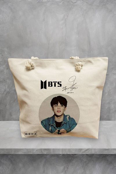 BEKZ Geanta de plaja, model BTS Jimin cu semnatura, 40x51 cm, Crem, BEKZ®
