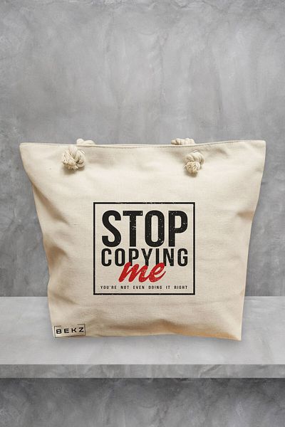 BEKZ Geanta de plaja, model Stop copying me, 40x51 cm, Crem, BEKZ®