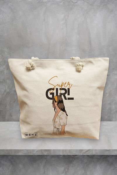 BEKZ Geanta de plaja, model Super Girl, 40x51 cm, Crem, BEKZ®