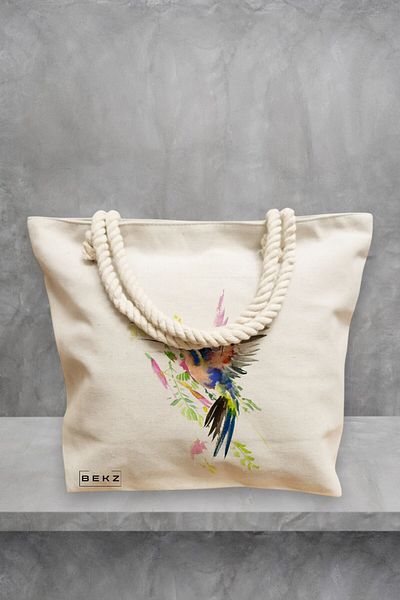 BEKZ Geanta de plaja, model Watercolor Bird, 40x51 cm, Crem, BEKZ®