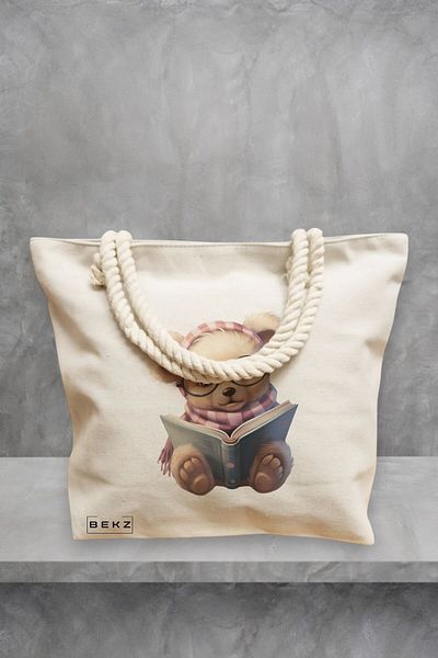 BEKZ Geanta de plaja, model Reading puppy 28, 40x51 cm, Crem, BEKZ®