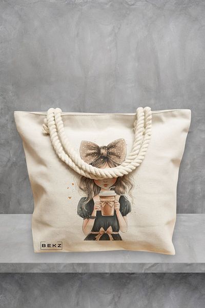 BEKZ Geanta de plaja, model The coffee girl 3, 40x51 cm, Crem, BEKZ®