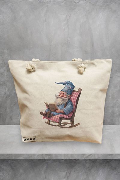 BEKZ Geanta de plaja, model The Bookish Gnome 6, 40x51 cm, Crem, BEKZ®