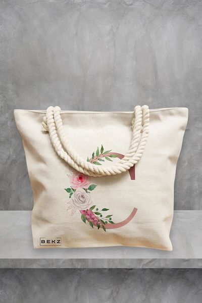 BEKZ Geanta de plaja, Cu litera C Rose Gold si Trandafiri, 40x51 cm, Crem, BEKZ®