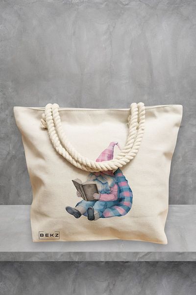 BEKZ Geanta de plaja, model The Bookish Gnome 3, 40x51 cm, Crem, BEKZ®