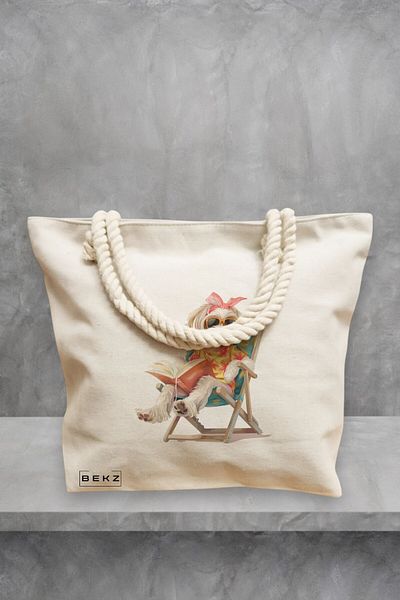 BEKZ Geanta de plaja, model Reading puppy 16, 40x51 cm, Crem, BEKZ®