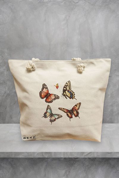 BEKZ Geanta de plaja, model Artistic butterflies 2, 40x51 cm, Crem, BEKZ®
