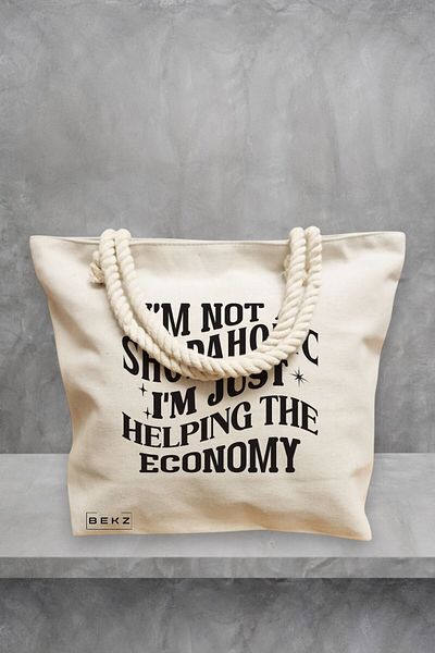 BEKZ Geanta de plaja, model I'm not a shopaholic, I'm just helping the economy, 40x51 cm, Crem, BEKZ®