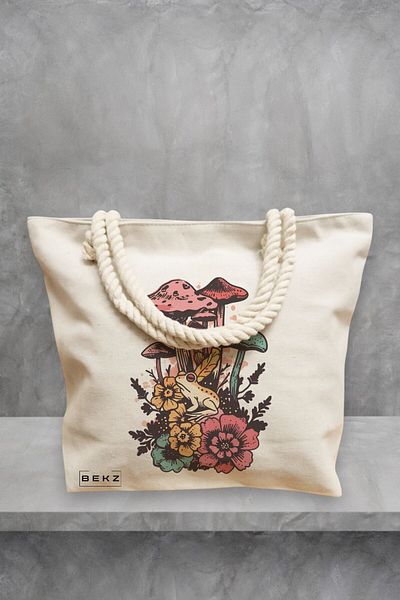 BEKZ Geanta de plaja Colorful Mushrooms, 40x51 cm, Crem, BEKZ®