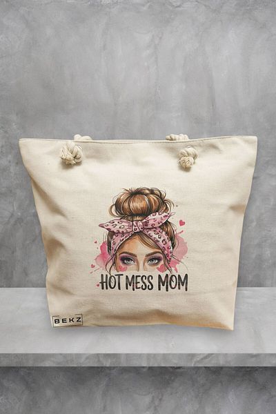 BEKZ Geanta de plaja, model Hot mess mom, 40x51 cm, Crem, BEKZ®