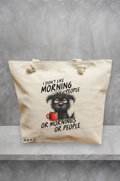 BEKZ Geanta de plaja, model I don’t like morning people or mornings or people, 40x51 cm, Crem, BEKZ®