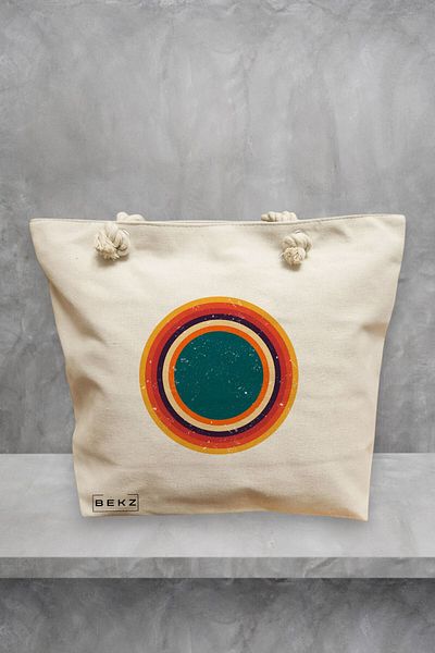 BEKZ Geanta de plaja, model Retro Concentric Circles, 40x51 cm, Crem, BEKZ®