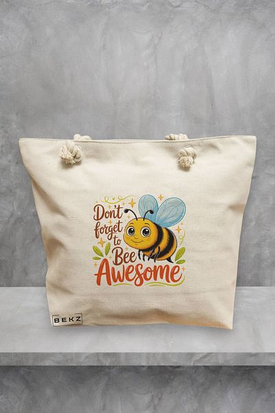 BEKZ Geanta de plaja, model Don’t forget to bee awesome, 40x51 cm, Crem, BEKZ®