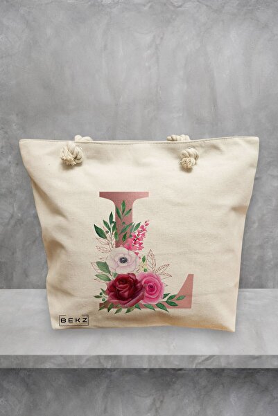 BEKZ Geanta de plaja, Cu litera L Rose Gold si Trandafiri, 40x51 cm, Crem, BEKZ®