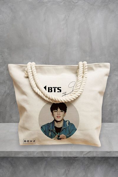 BEKZ Geanta de plaja, model BTS Jimin cu semnatura, 40x51 cm, Crem, BEKZ®