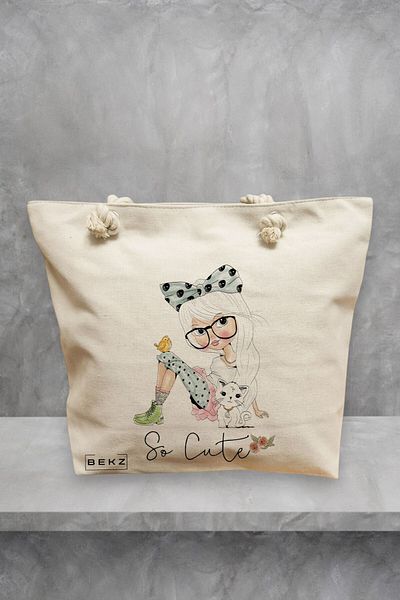 BEKZ Geanta de plaja, model So Cute, 40x51 cm, Crem, BEKZ®