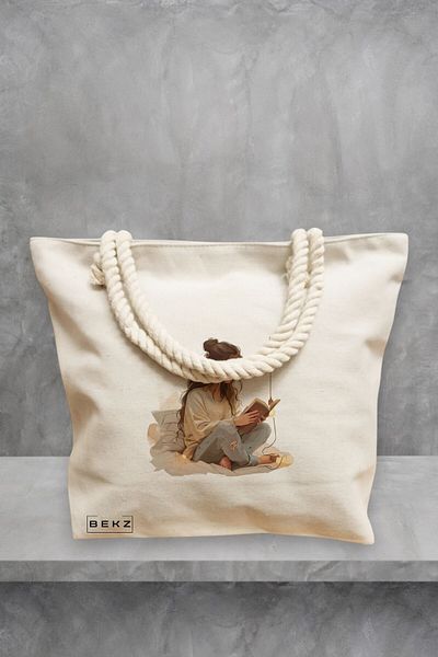 BEKZ Geanta de plaja, model The bookie girl 15, 40x51 cm, Crem, BEKZ®