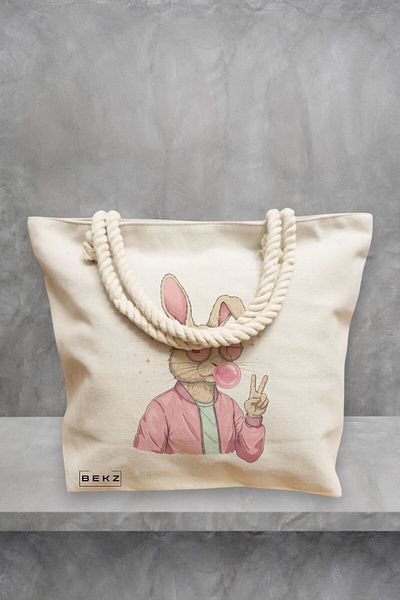 BEKZ Geanta de plaja, model Pinkie Peace, 40x51 cm, Crem, BEKZ®