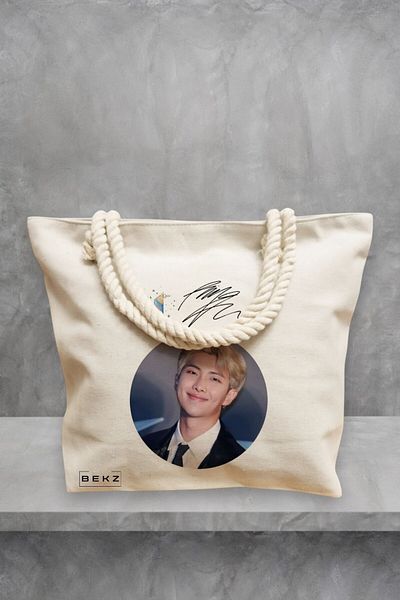 BEKZ Geanta de plaja, model BTS RM cu semnatura, 40x51 cm, Crem, BEKZ®