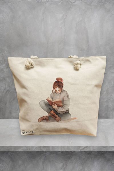 BEKZ Geanta de plaja, model The bookie girl 36, 40x51 cm, Crem, BEKZ®