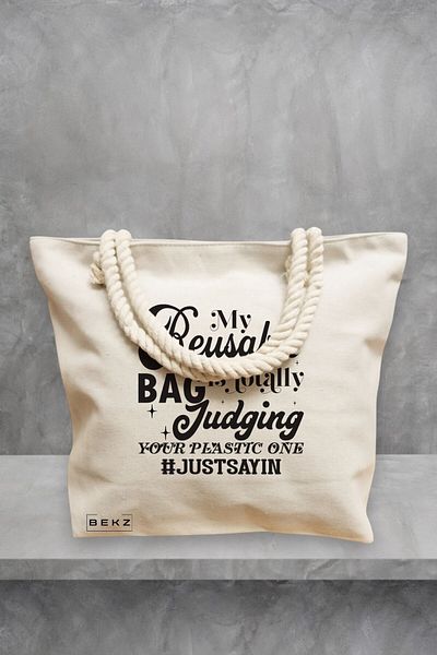 BEKZ Geanta de plaja, model My reusable bag is totally judging your plastic one, 40x51 cm, Crem, BEKZ®