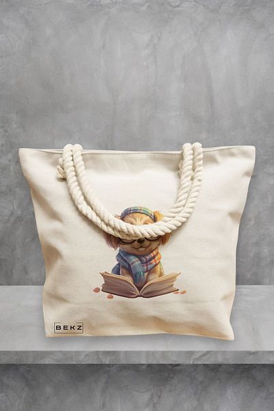 BEKZ Geanta de plaja, model Reading puppy 22, 40x51 cm, Crem, BEKZ®