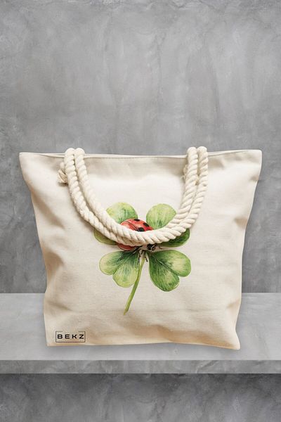 BEKZ Geanta de plaja, model Lucky Ladybug, 40x51 cm, Crem, BEKZ®