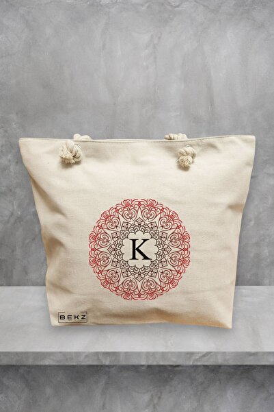 BEKZ Beach Tote Bag, With letter K and Mandala, 40x51 cm, Cream, BEKZ®