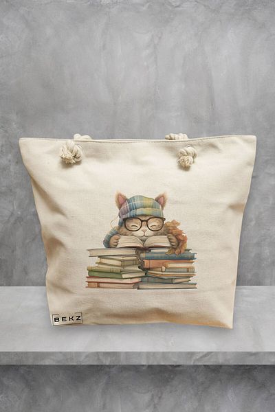 BEKZ Geanta de plaja, model Reading puppy 6, 40x51 cm, Crem, BEKZ®