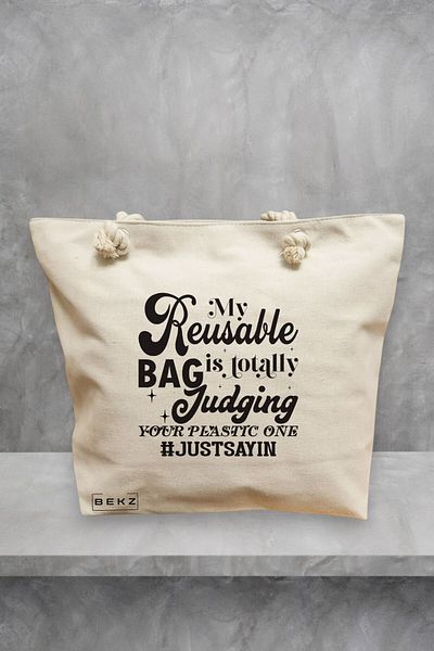 BEKZ Geanta de plaja, model My reusable bag is totally judging your plastic one, 40x51 cm, Crem, BEKZ®