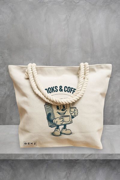 BEKZ Geanta de plaja, model Books & Coffee, 40x51 cm, Crem, BEKZ®