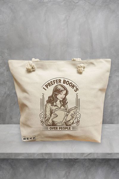 BEKZ Geanta de plaja, model I prefer book’s over people, 40x51 cm, Crem, BEKZ®