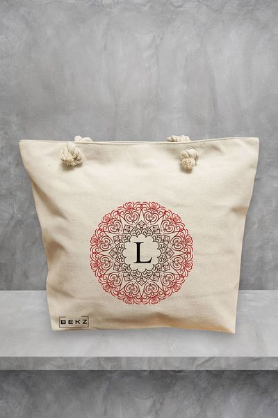 BEKZ Geanta de plaja, Cu litera L si Mandala, 40x51 cm, Crem, BEKZ®
