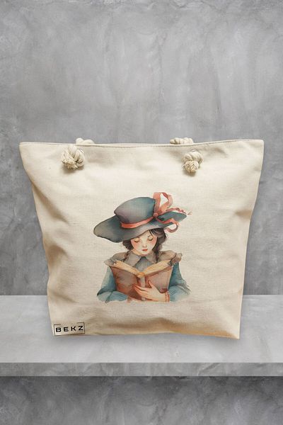 BEKZ Geanta de plaja, model The bookie girl 39, 40x51 cm, Crem, BEKZ®