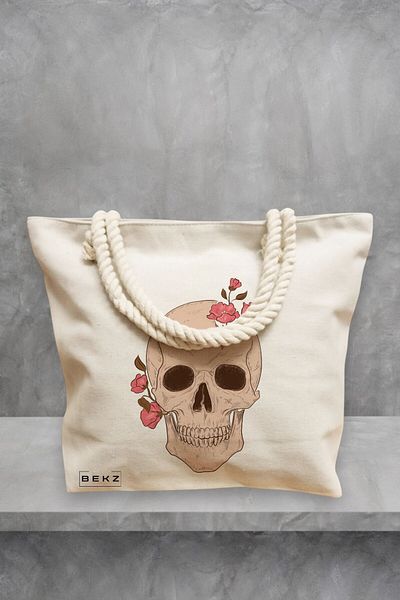 BEKZ Geanta de plaja, model Floral Skull, 40x51 cm, Crem, BEKZ®