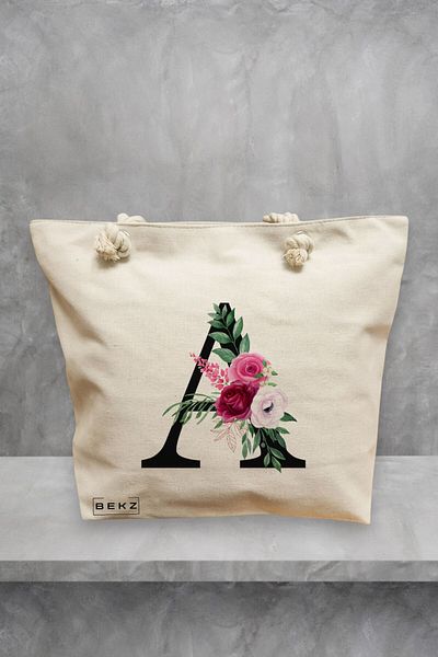 BEKZ Geanta de plaja, Cu litera A si Trandafiri, 40x51 cm, Crem, BEKZ®