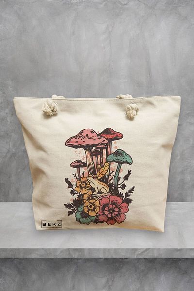 BEKZ Geanta de plaja Colorful Mushrooms, 40x51 cm, Crem, BEKZ®