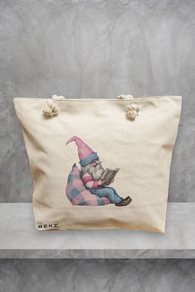 BEKZ Geanta de plaja, model The Bookish Gnome 9, 40x51 cm, Crem, BEKZ®