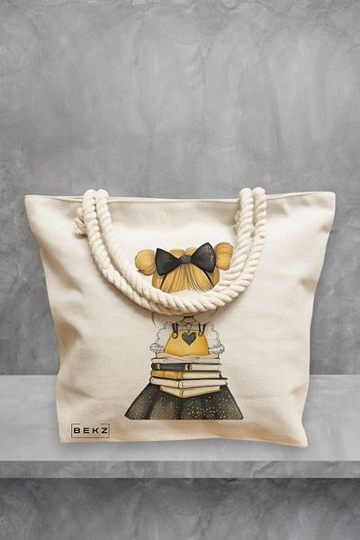 BEKZ Geanta de plaja, model The bookie girl 9, 40x51 cm, Crem, BEKZ®