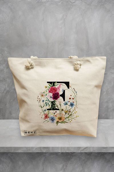 BEKZ Geanta de plaja, Cu litera F in Coronita Florala, 40x51 cm, Crem, BEKZ®