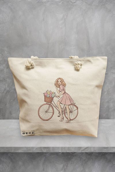 BEKZ Geanta de plaja, model Rose bicycle, 40x51 cm, Crem, BEKZ®