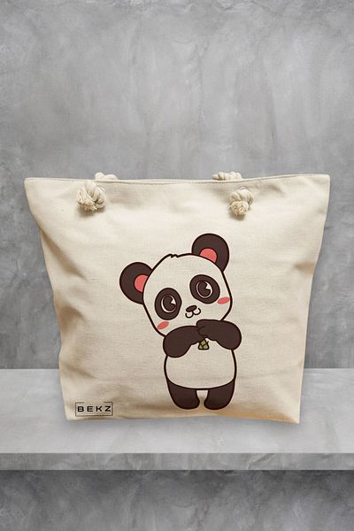BEKZ Geanta de plaja, model Panda Love, 40x51 cm, Crem, BEKZ®